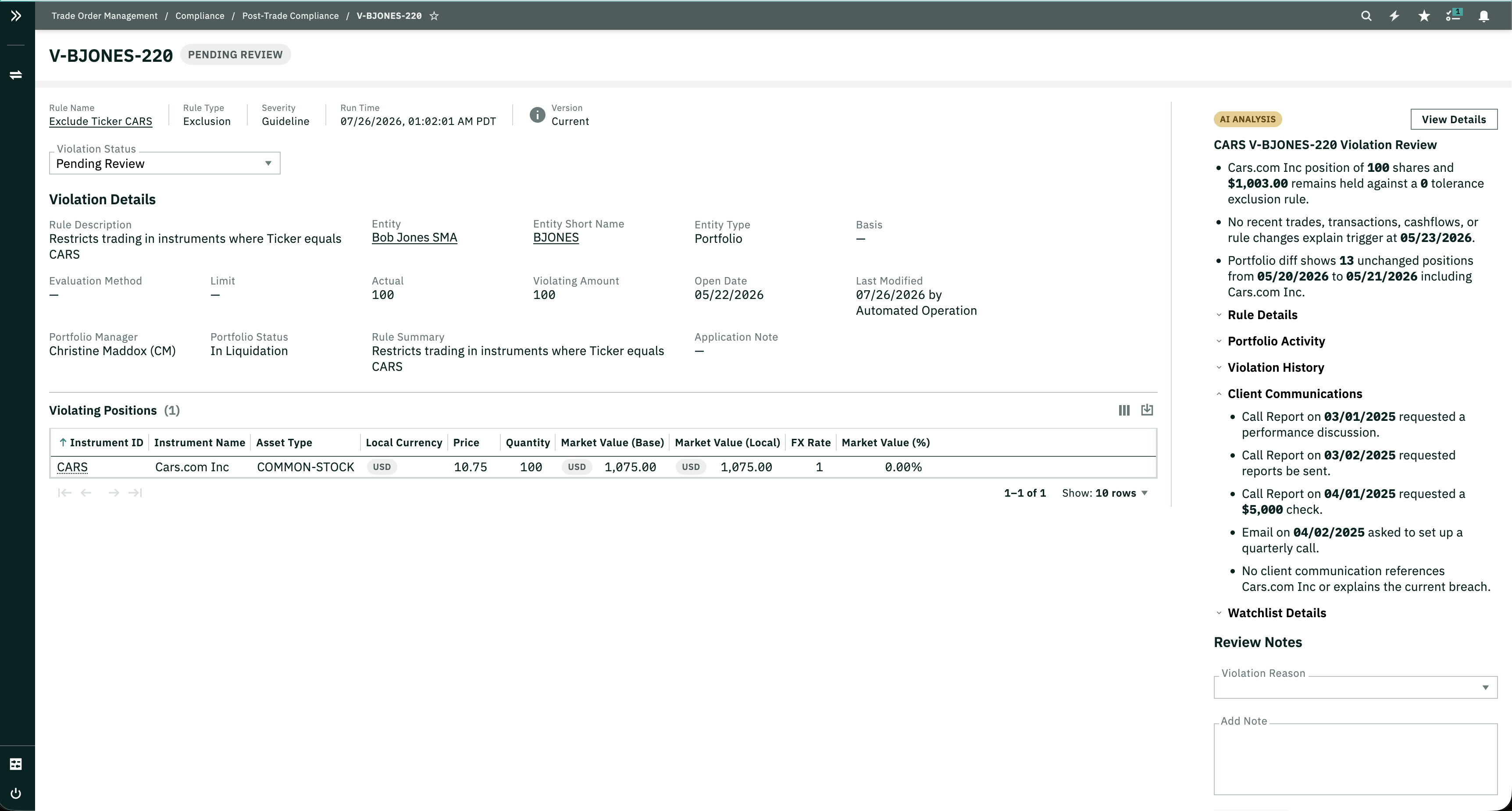 Post-trade violation detail with the AI Insights section and linked agent workstream