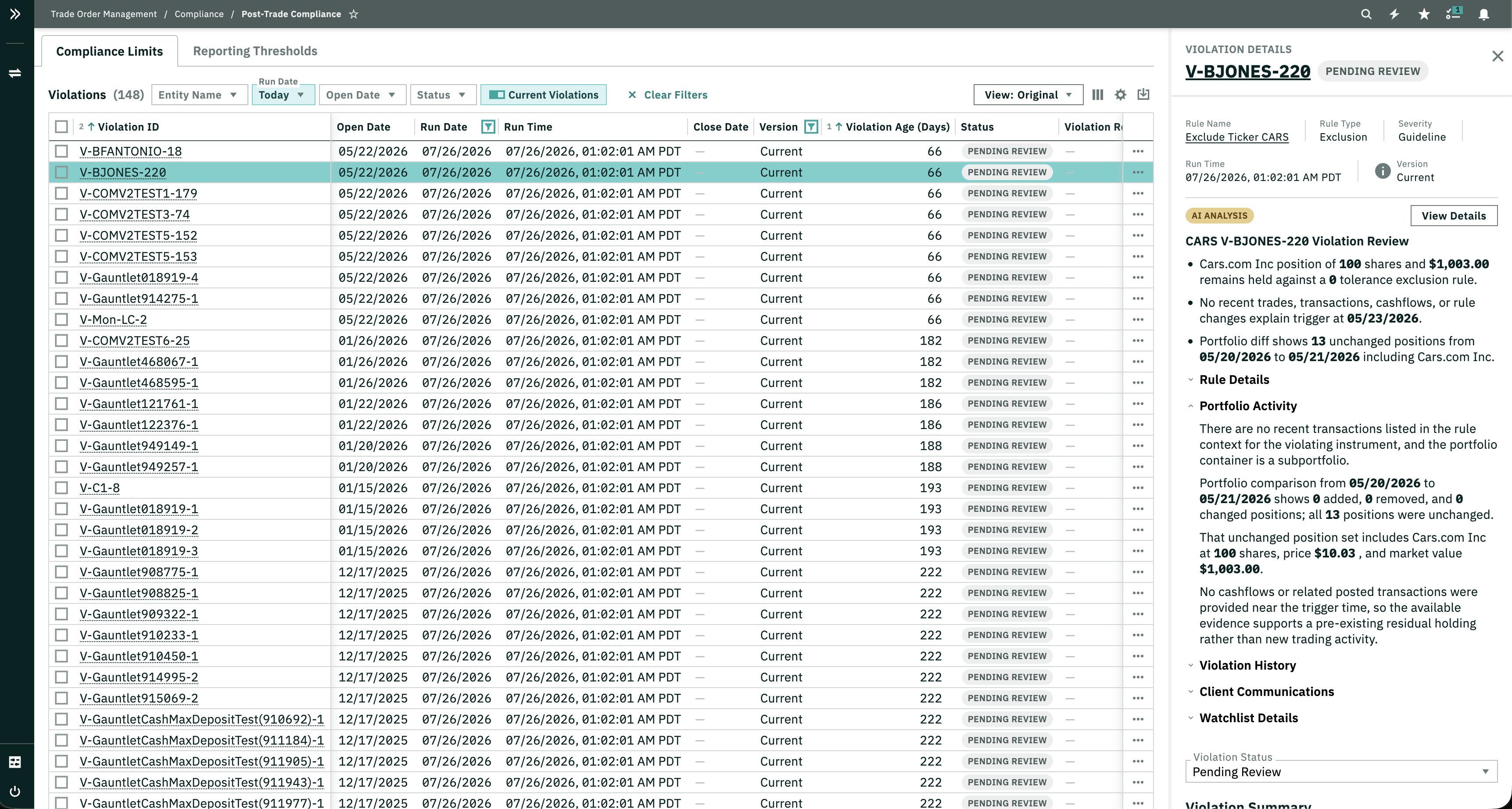 Post-trade violation detail with the AI Insights section and linked agent workstream