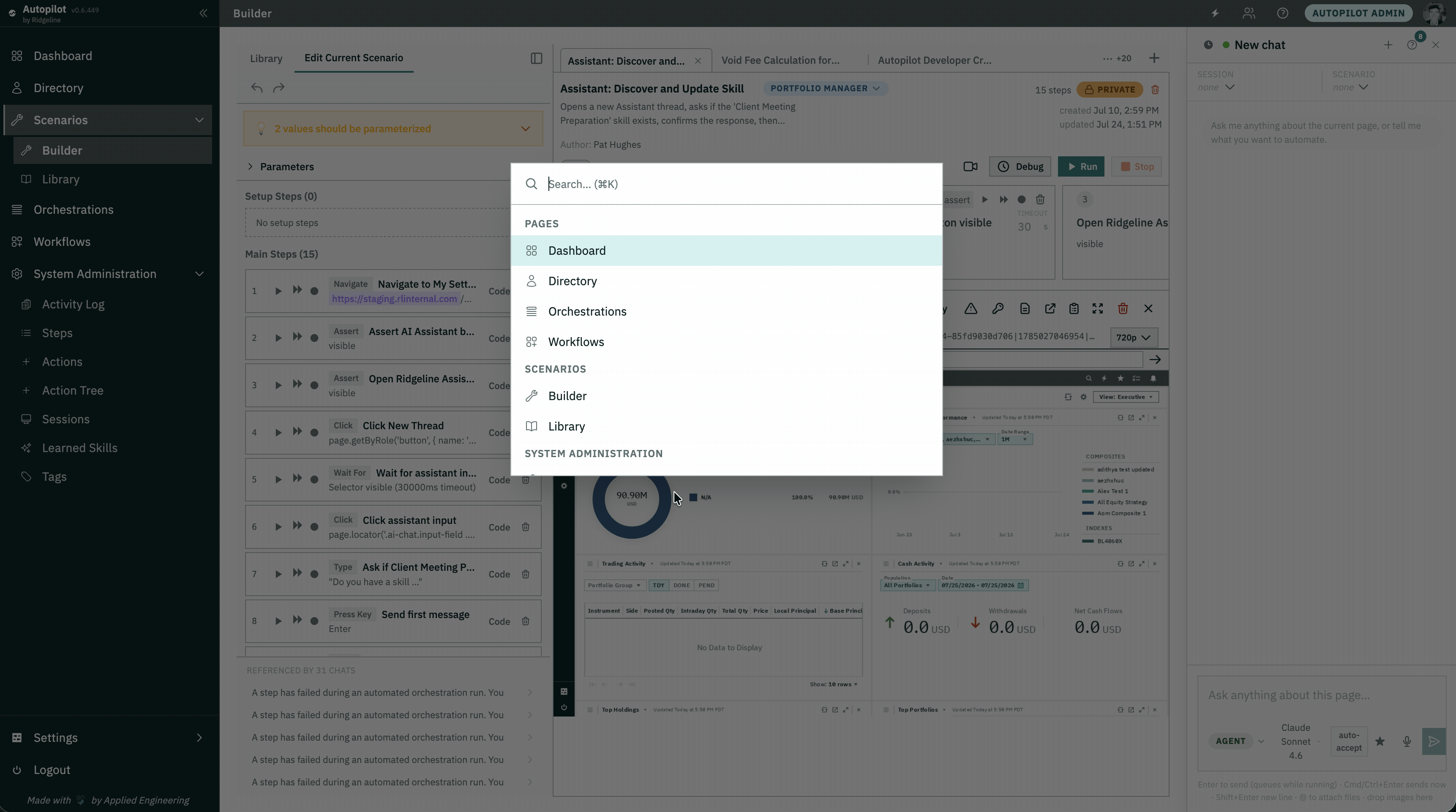 Command palette open over a populated Autopilot workspace