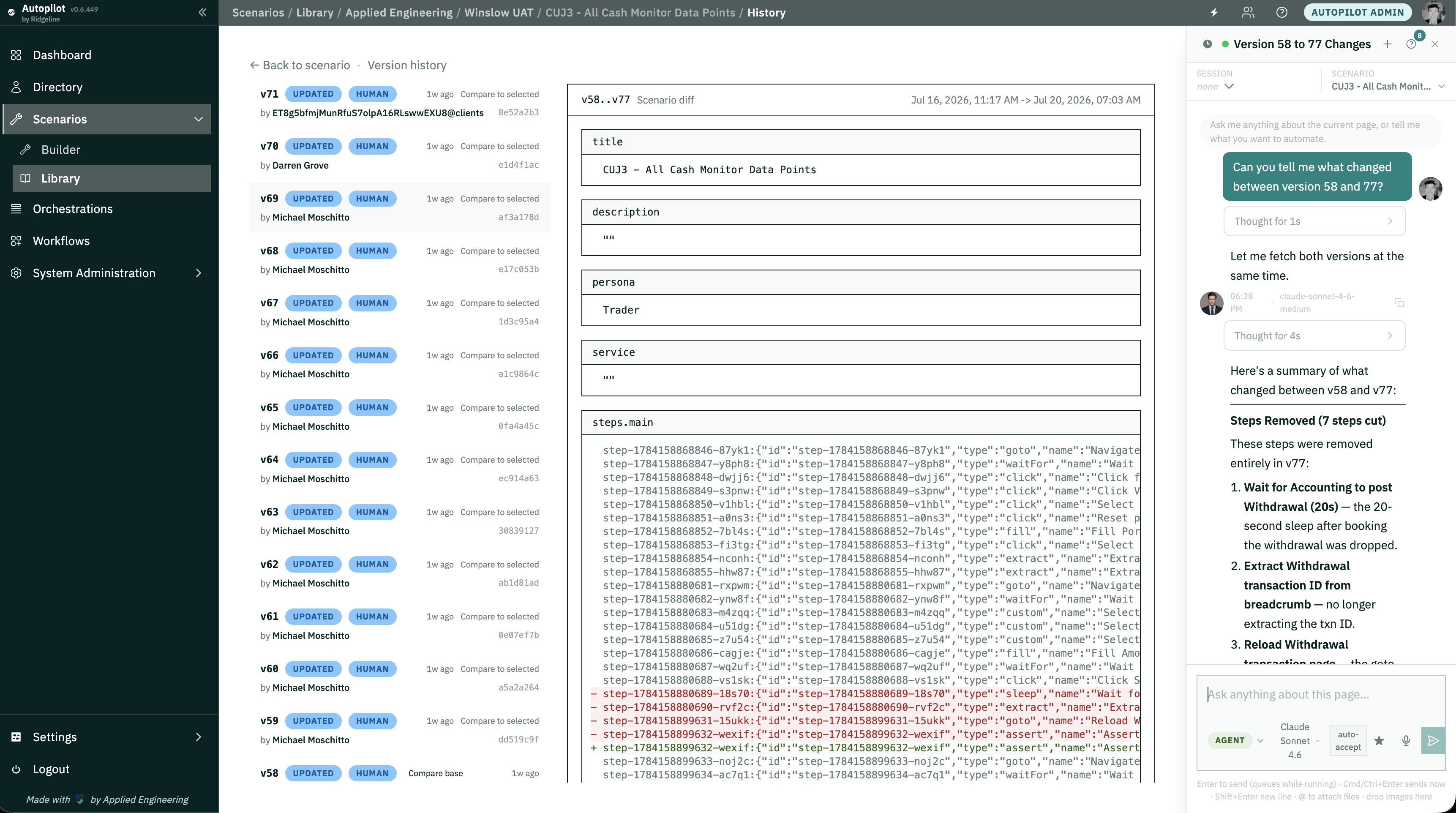 Version timeline alongside a scenario diff or read-only historical preview