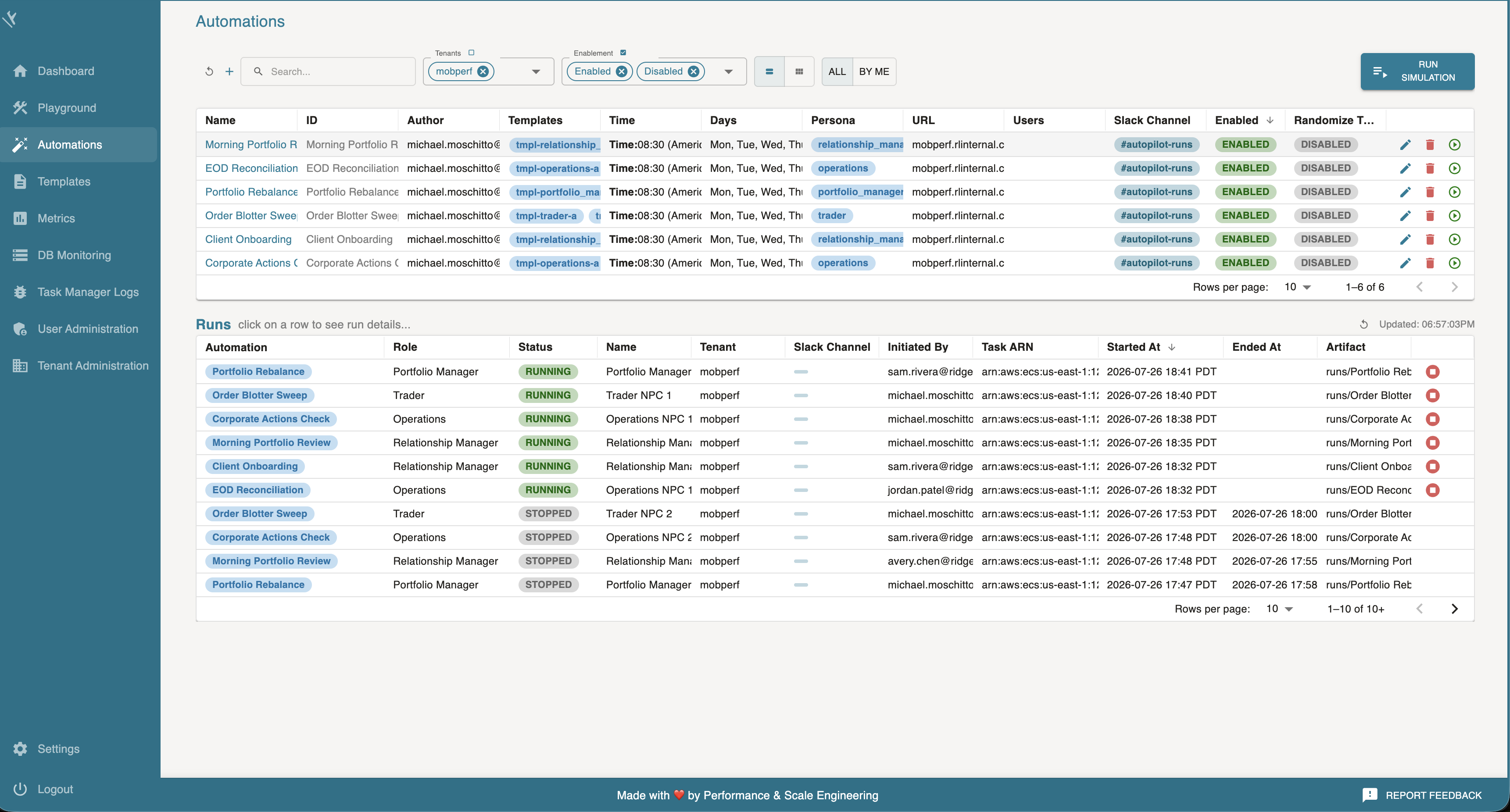 Automation Runs grid with mixed statuses and an opened run detail
